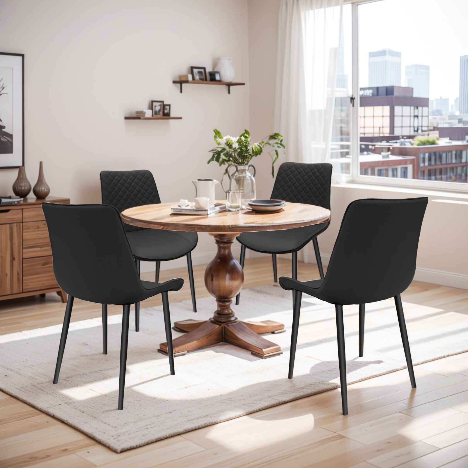 Black PU Leather Dining Chair With Metal Legs, Chequer Upholstered Armless Chair Set Of 2 For Kitchen, Restaurant, Living, Meeting Room_voghion.com